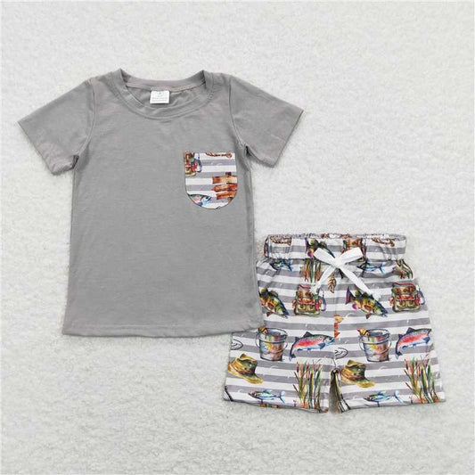 BSSO0481 Baby Boys Grey Pocket Tee Top Fishing Outfits Clothes Sets