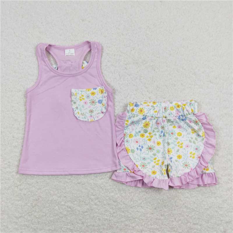 GSSO0511Pink sleeveless top floral shorts kids girls summer clothes