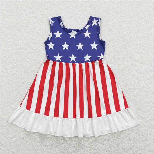 GSD0667  Baby Girls Sleeveless 4th Of July Stars Stripes Ruffle Dresses