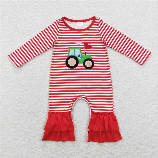 LR0847 Red stripe long sleeves heart truck baby girls valentine's romper