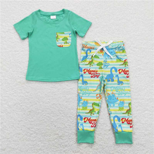 BSPO0204 Baby Boys Mama's Boy Pocket Tee Shirt Top Dinosaurs Pants Clothes Sets