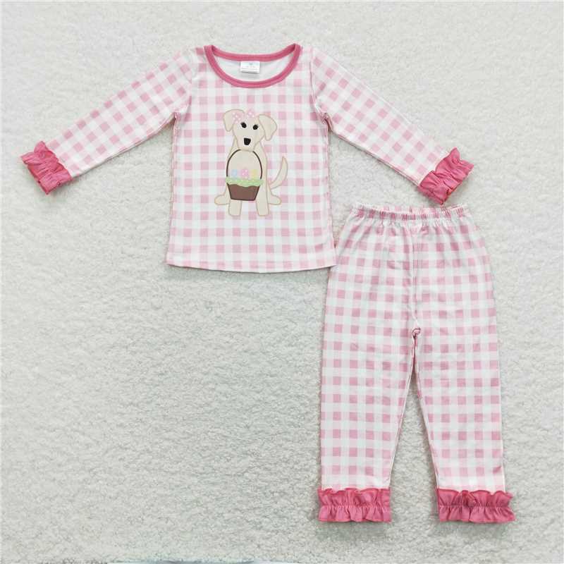GLP1036 Girls Easter Egg Basket Puppy Pink Plaid Lace Long Sleeve Pants Suit Pajamas