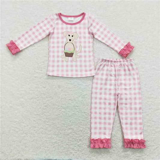 GLP1036 Girls Easter Egg Basket Puppy Pink Plaid Lace Long Sleeve Pants Suit Pajamas