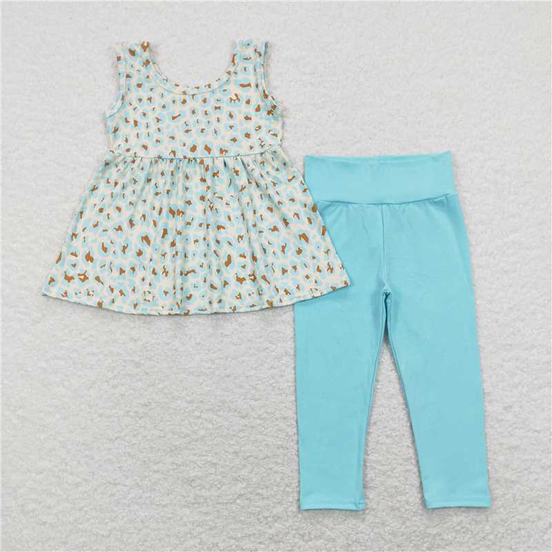 GSPO1177 Leopard print beige sleeveless top and teal trousers set