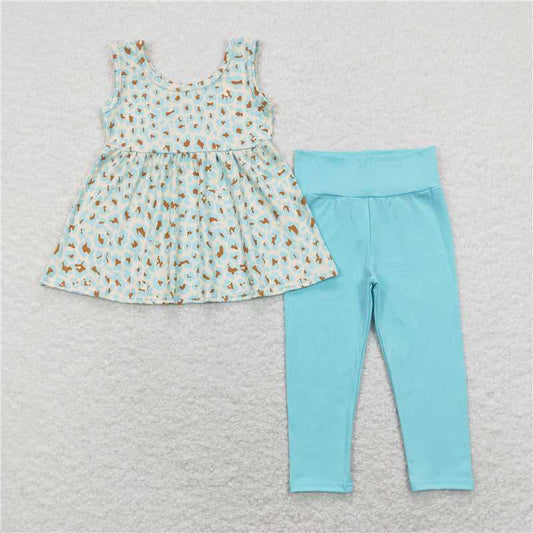 GSPO1177 Leopard print beige sleeveless top and teal trousers set