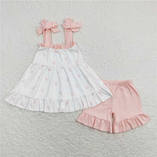 GSSO0447 Heart-shaped white and pink bow tie suspender Suspender heart tunic ruffle shorts girls valentine's outfits