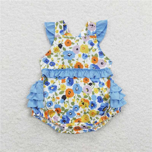 SR0824 RTS NO MOQ Baby Girls Summer Rompers Baby Girls Blue Flowers Tunic Ruffle Sibling Sister Rompers Dresses Clothes Sets