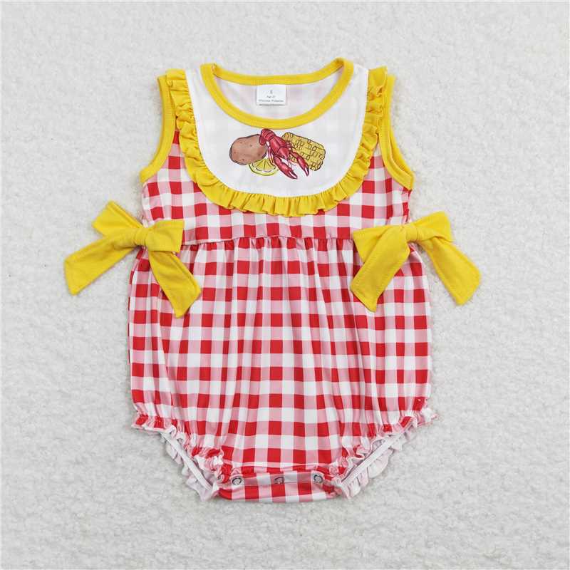 SR0769  Baby Infant Girls Potato Crawfish Corn Red Checkered Rompers
