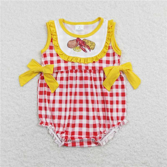 SR0769  Baby Infant Girls Potato Crawfish Corn Red Checkered Rompers