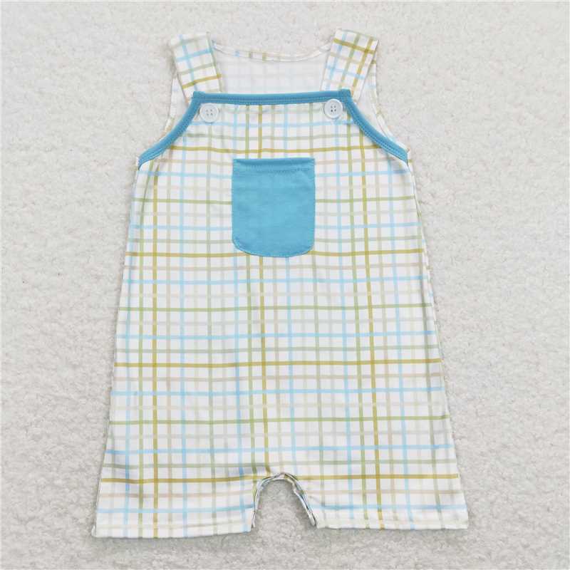 SR0650 Baby Infant Boys Easter Green Checkered Pocket Rompers