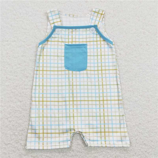SR0650 Baby Infant Boys Easter Green Checkered Pocket Rompers