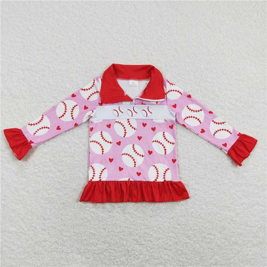 GT0429  Baby Girls Pink Baseball Zip Long Sleeve Pullovers Tops