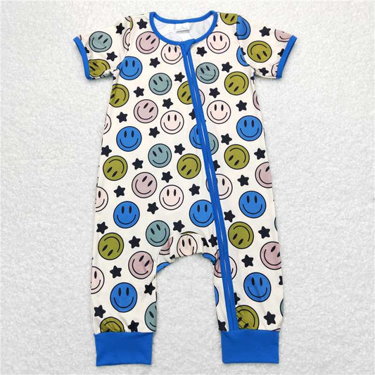 S0944 Baby Infant Boys Smile Blue Color Zip Short Sleeve Rompers