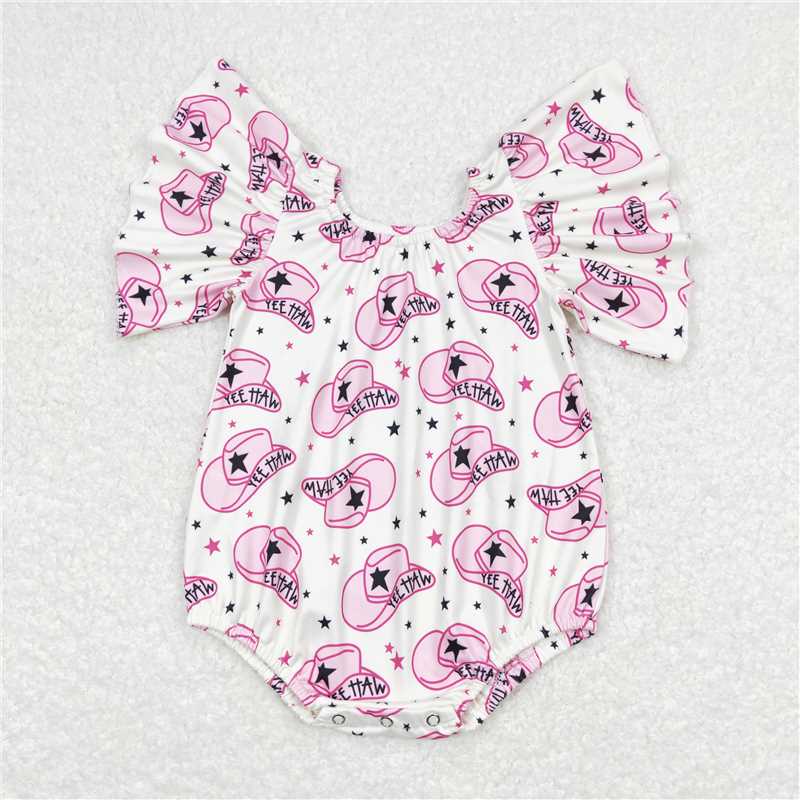 SR0709  Baby Infant Girls Western Hats Flutter Sleeve Rompers