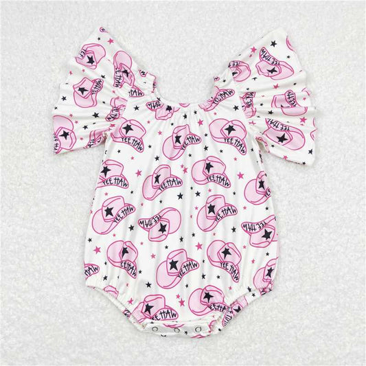 SR0709  Baby Infant Girls Western Hats Flutter Sleeve Rompers