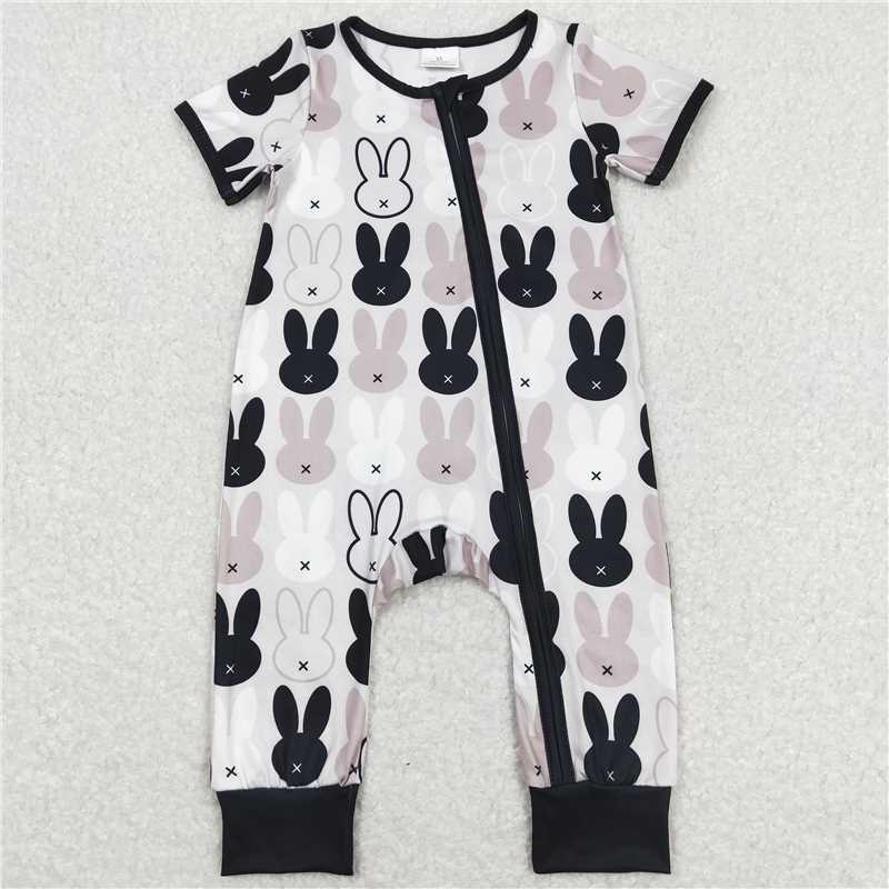 SR1012 Baby Infant Kids Easter Black Rabbits Zip Rompers