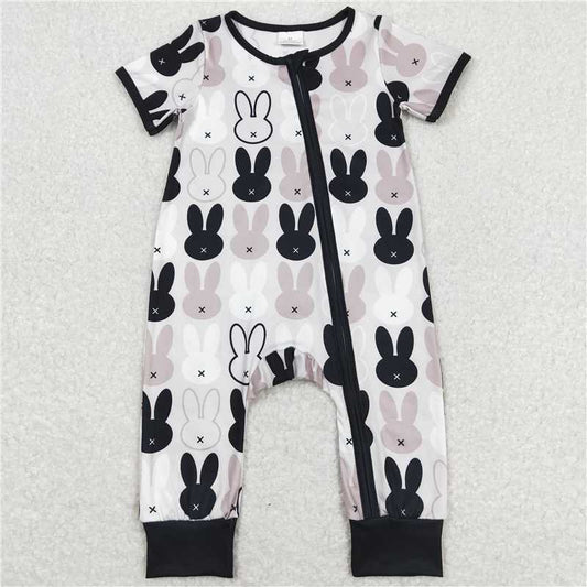 SR1012 Baby Infant Kids Easter Black Rabbits Zip Rompers