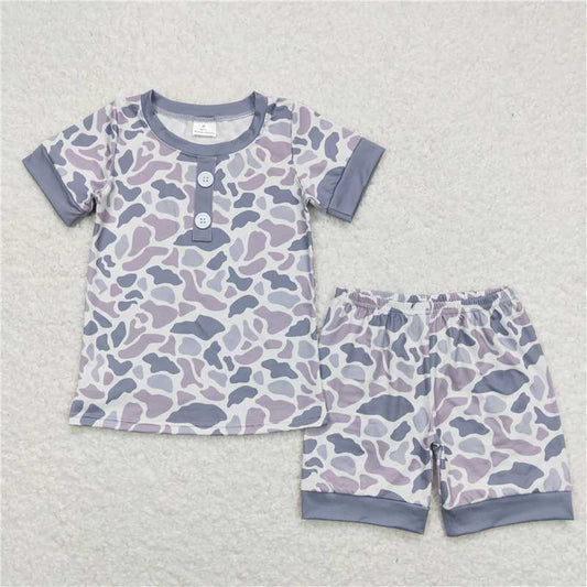 BSSO0605 Baby Boys Camo Buttons Shirt Top Shorts Pajamas Clothes Sets