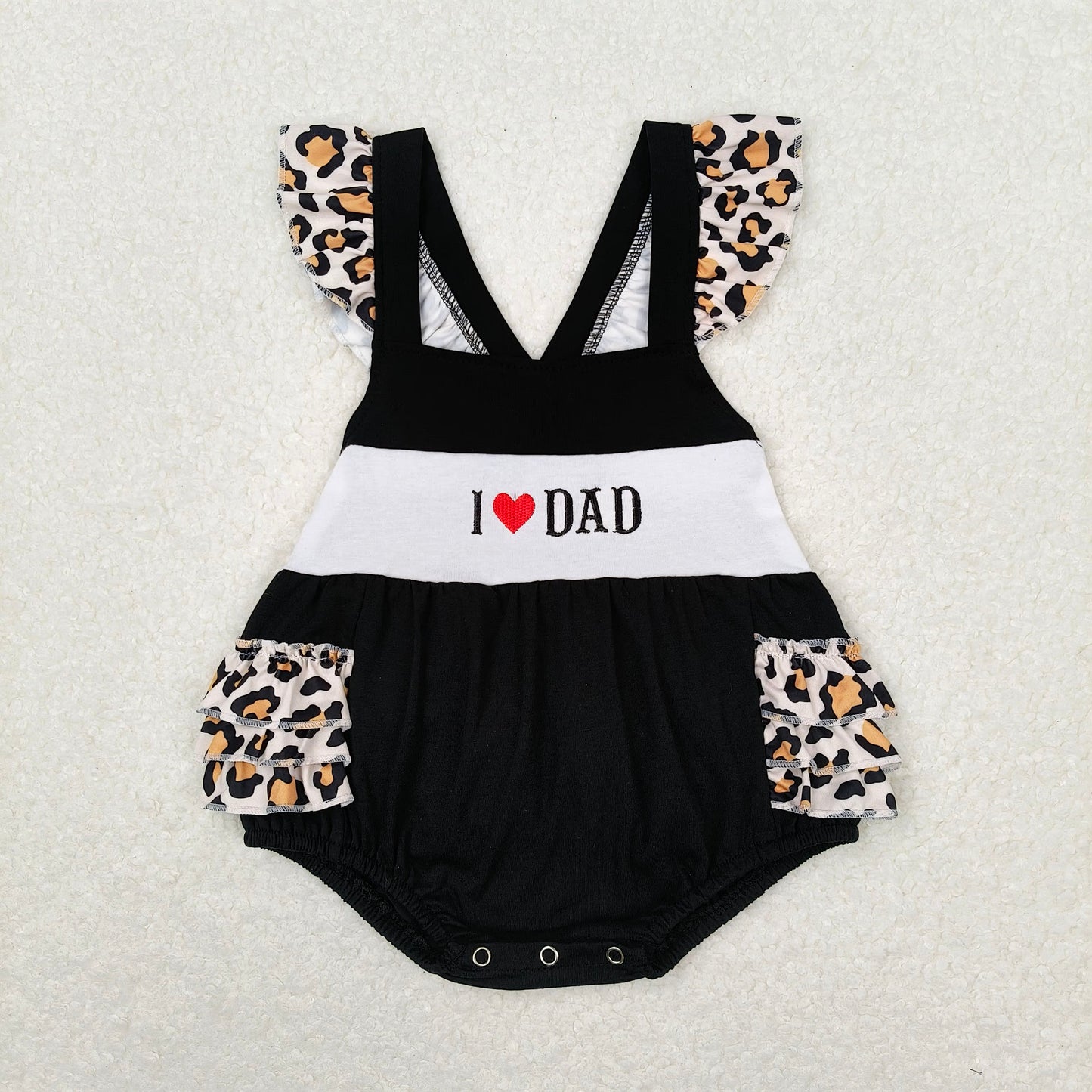 SR1147 Baby Infant Girls I Love Dad Black Leopard Ruffle Rompers