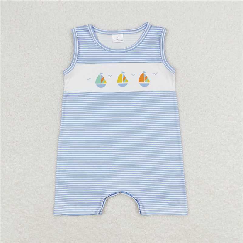 SR1059 Baby Infant Boys Blue Stripes Sailboat Sleeveless Summer Rompers