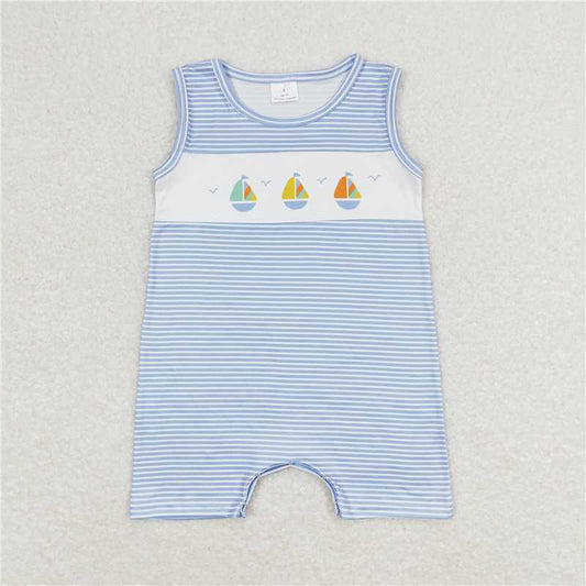 SR1059 Baby Infant Boys Blue Stripes Sailboat Sleeveless Summer Rompers