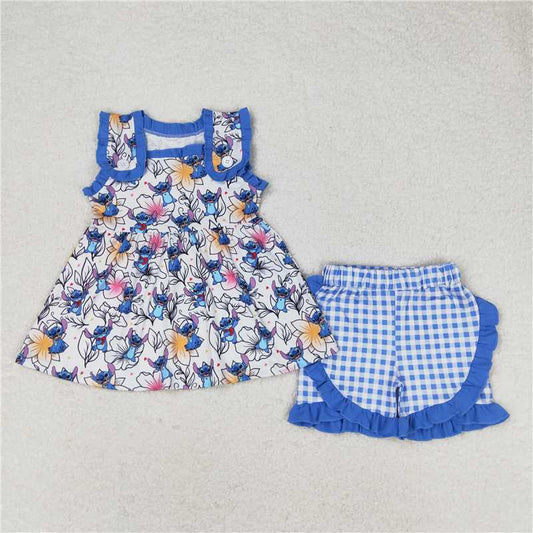 GSSO1040 Flower Stitch blue lace sleeveless plaid shorts set