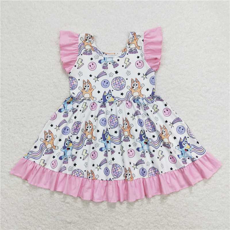 GSD1062  Flutter sleeves pink ruffle dog smile kids girls dresses