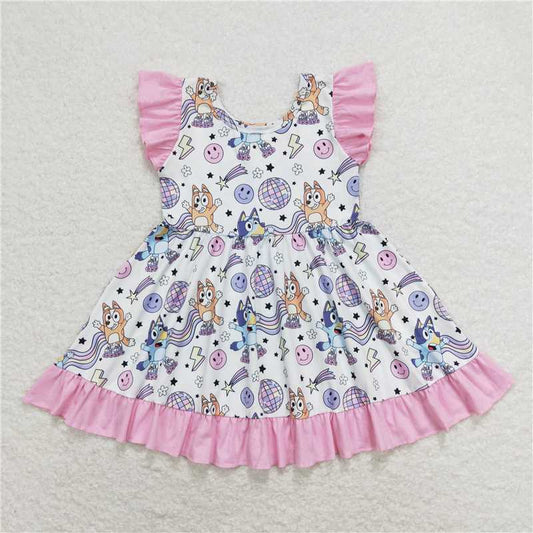 GSD1062  Flutter sleeves pink ruffle dog smile kids girls dresses