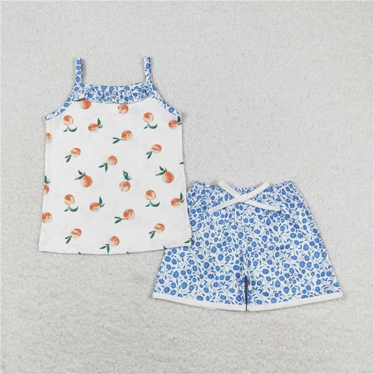 GSSO0864 Peach pink sleeveless blue floral shorts set