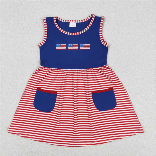 GSD0930  Embroidered national flag red and white stripes navy blue pocket sleeveless dress