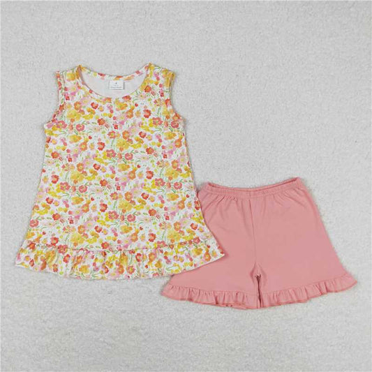 GSSO1135 Yellow-orange flower sleeveless pink shorts set