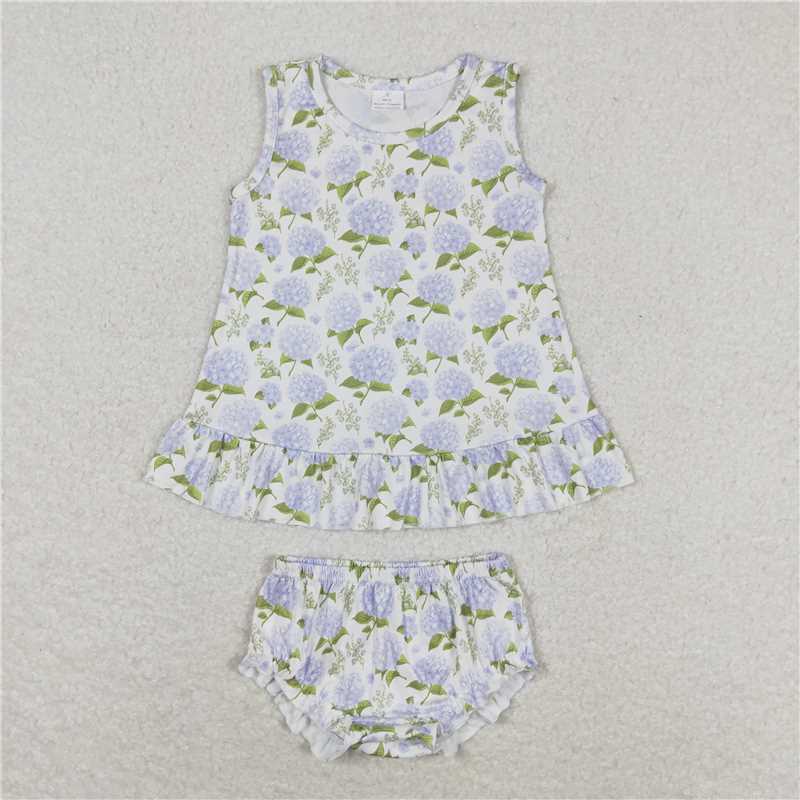 GBO0342 Baby Girls Blue Flowers Sleeveless Tunic Top Bummies Clothes Sets