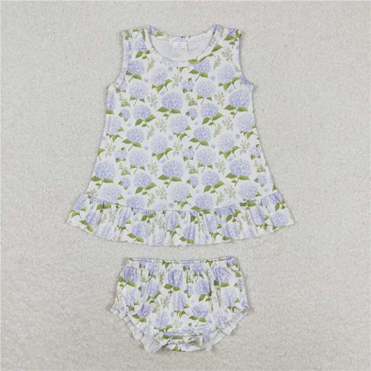 GBO0342 Baby Girls Blue Flowers Sleeveless Tunic Top Bummies Clothes Sets