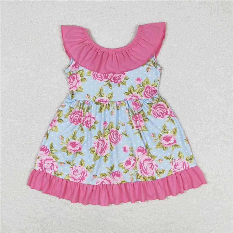 GSD0738  Backless bow pink ruffle flower kids girls dresses