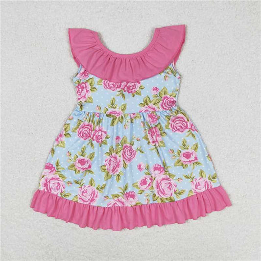 GSD0738  Backless bow pink ruffle flower kids girls dresses