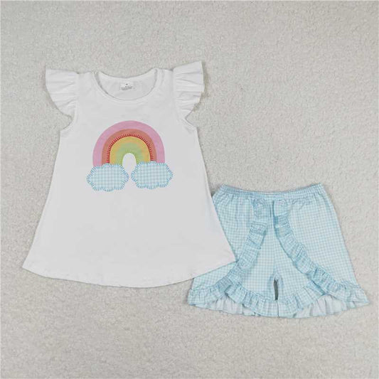 GSSO0827 Rainbow white flying sleeves blue plaid shorts set