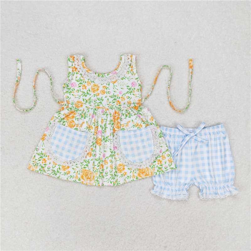 GSSO0871 RTS NO MOQ Baby Girls Summer Outfits Yellow flower green leaf pocket sleeveless plaid shorts suit