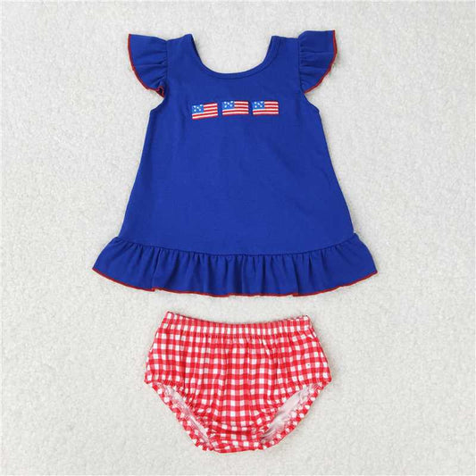GBO0311 RTS NO MOQBaby Girls Summer Outfits Embroidery Baby Girls Boys 4th Of July Flags Sibling Clothing Sets