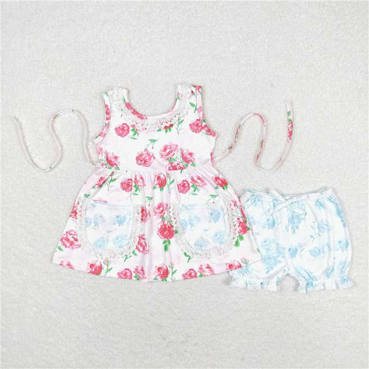 GSSO0882 Powder blue floral lace pocket sleeveless shorts set