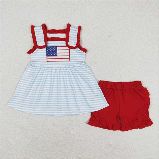GSSO0755 Embroidery 4th of July Girls Flag Blue Stripe Sleeveless Red Lace Shorts Set