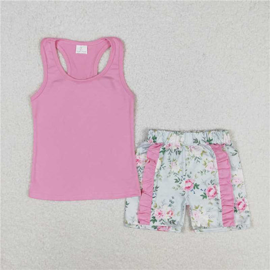 GSSO1059 Flower bow solid color sleeveless pink lace shorts set