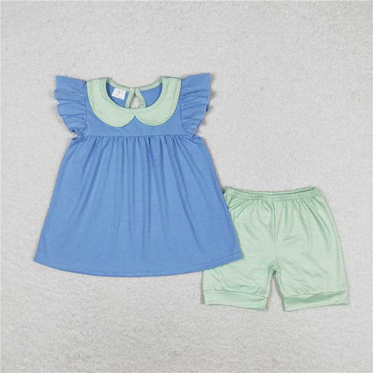 GSSO1067 RTS NO MOQ Baby Girls Summer Outfits Green striped doll collar and blue flying sleeve shorts suit