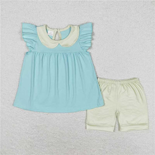 GSSO1065 Green striped doll collar and bright blue flying sleeve shorts set