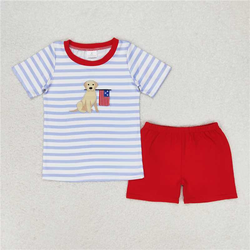 BSSO0619 RTS NO MOQ Baby Boys Summer Boys Outfits Embroidery Baby Boys 4th Of July Dog Flag Shirt Red Shorts Clothes Sets
