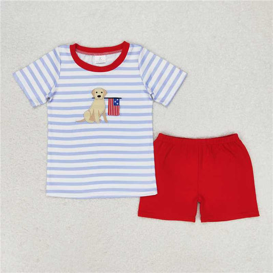 BSSO0619 RTS NO MOQ Baby Boys Summer Boys Outfits Embroidery Baby Boys 4th Of July Dog Flag Shirt Red Shorts Clothes Sets