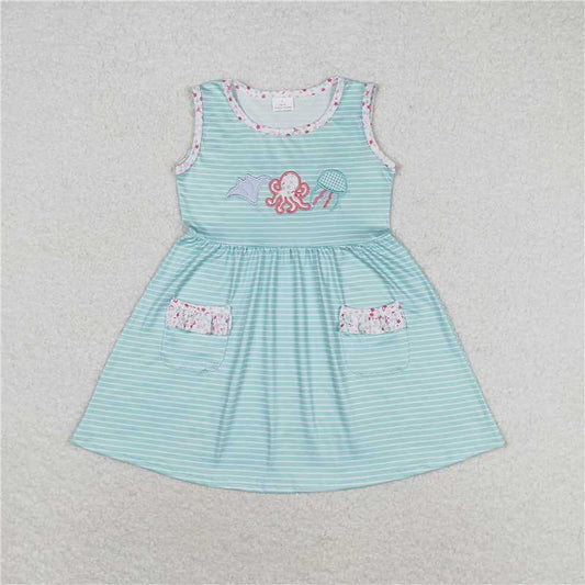GSD0963     Embroidered Octopus Jellyfish Striped Teal Sleeveless Dress