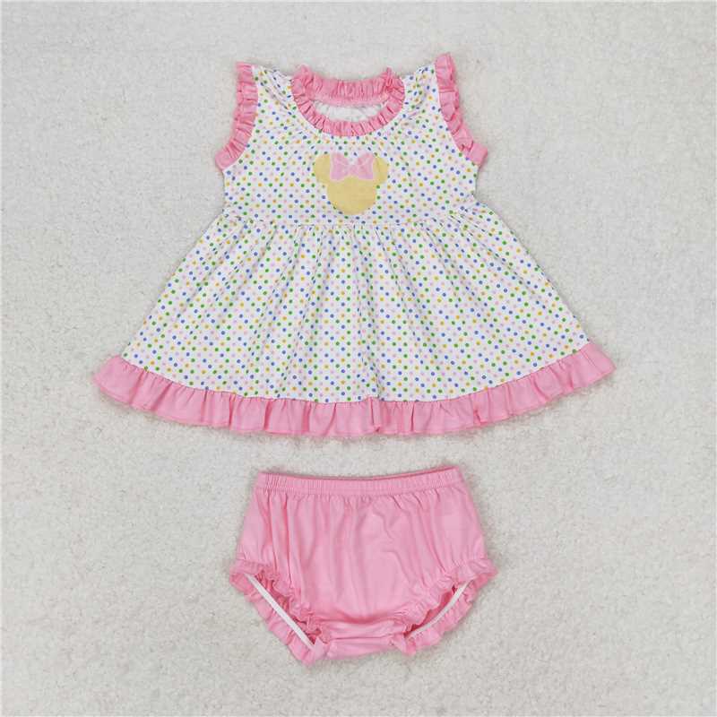 GBO0314 Baby Girls Pink Polka Dots Mouse Tunic Top Bummies Clothes Sets