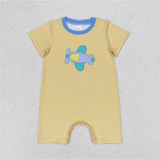 SR1264 Baby Boys Mustard Stripes Plane Short Sleeve Rompers