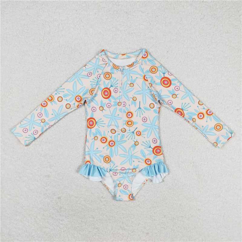 S0242  Baby Girls Blue Leaves Flowers Long Sleeve Zip Swimsuits