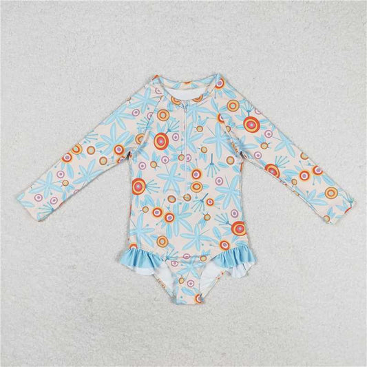 S0242  Baby Girls Blue Leaves Flowers Long Sleeve Zip Swimsuits